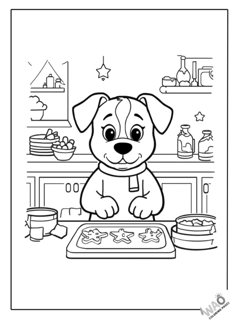 Bluey baking star-shaped Christmas cookies in the kitchen coloring page.