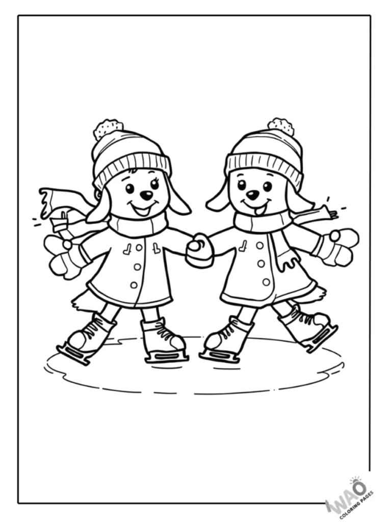 Bluey and Bingo ice skating together on a frozen pond coloring page.
