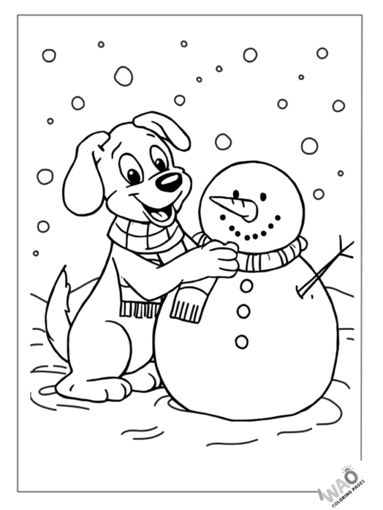 Bluey building a round snowman with a carrot nose coloring page.