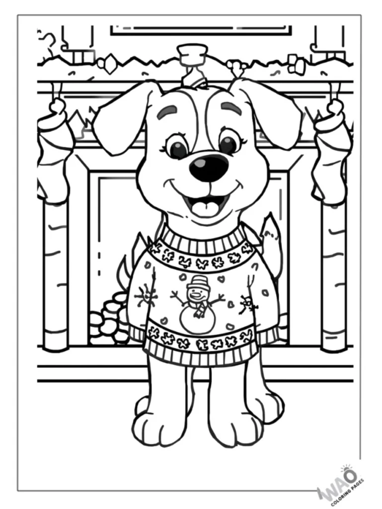 Bluey wearing a knitted festive Christmas sweater coloring page.