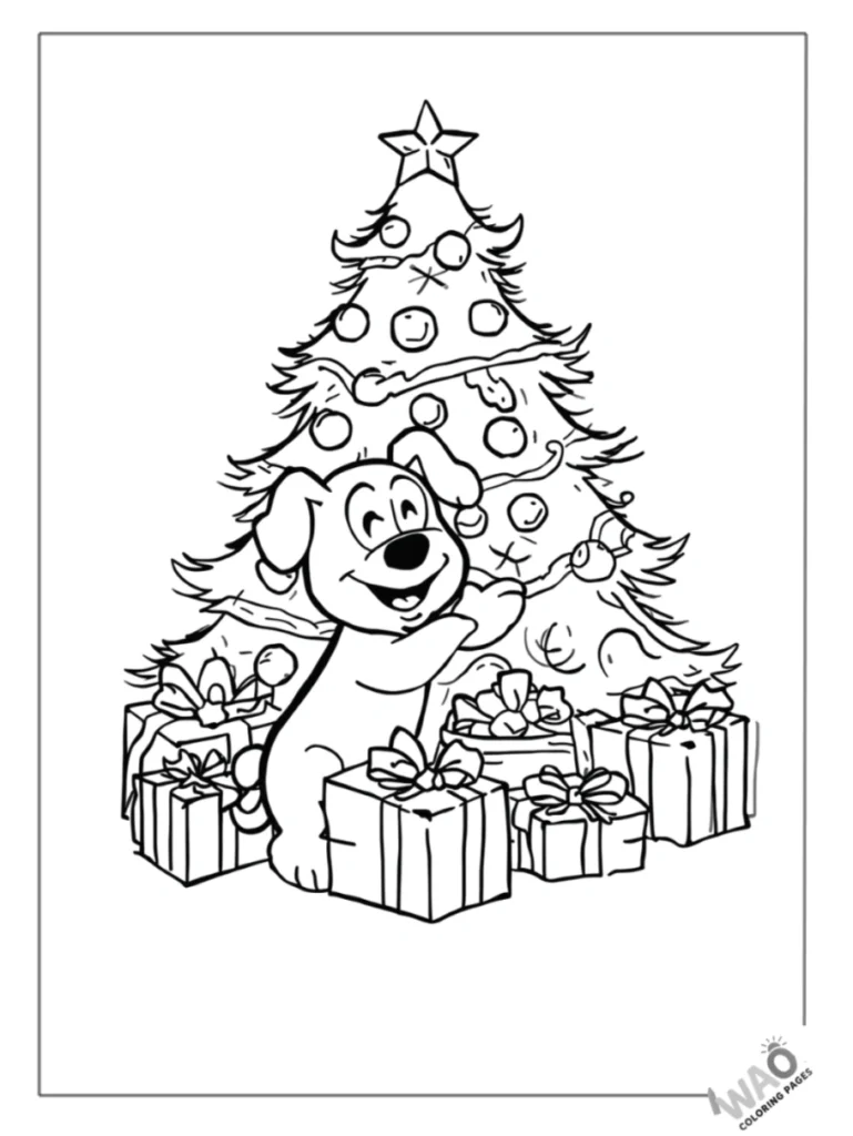 Bluey opening Christmas presents under the tree coloring page.