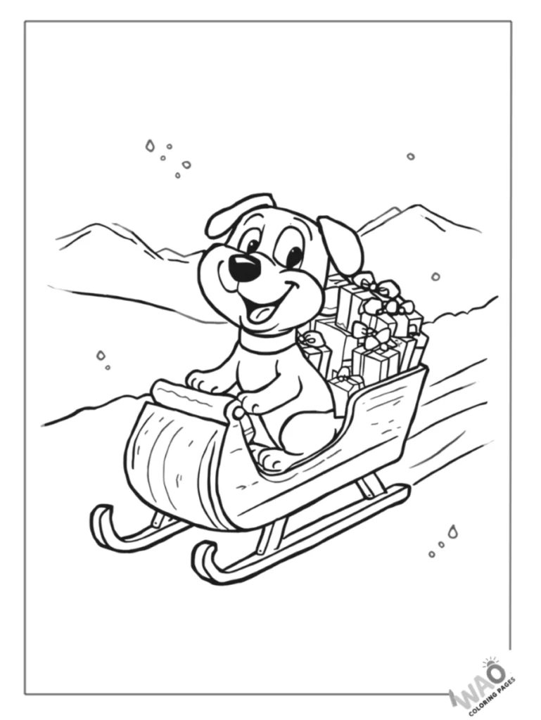 Bluey riding a sleigh full of presents over snowy hills coloring page.