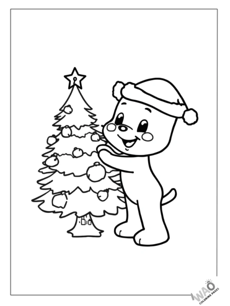 Bluey placing an ornament on a decorated Christmas tree coloring page.