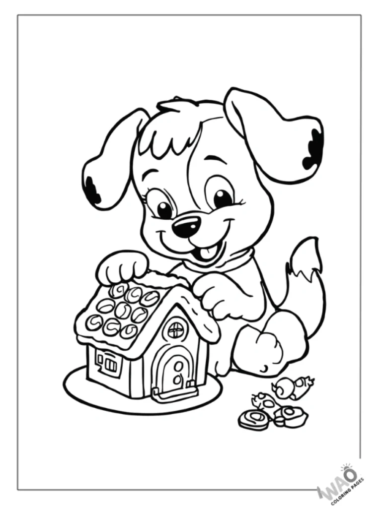 Bluey decorating a gingerbread house with candy coloring page.