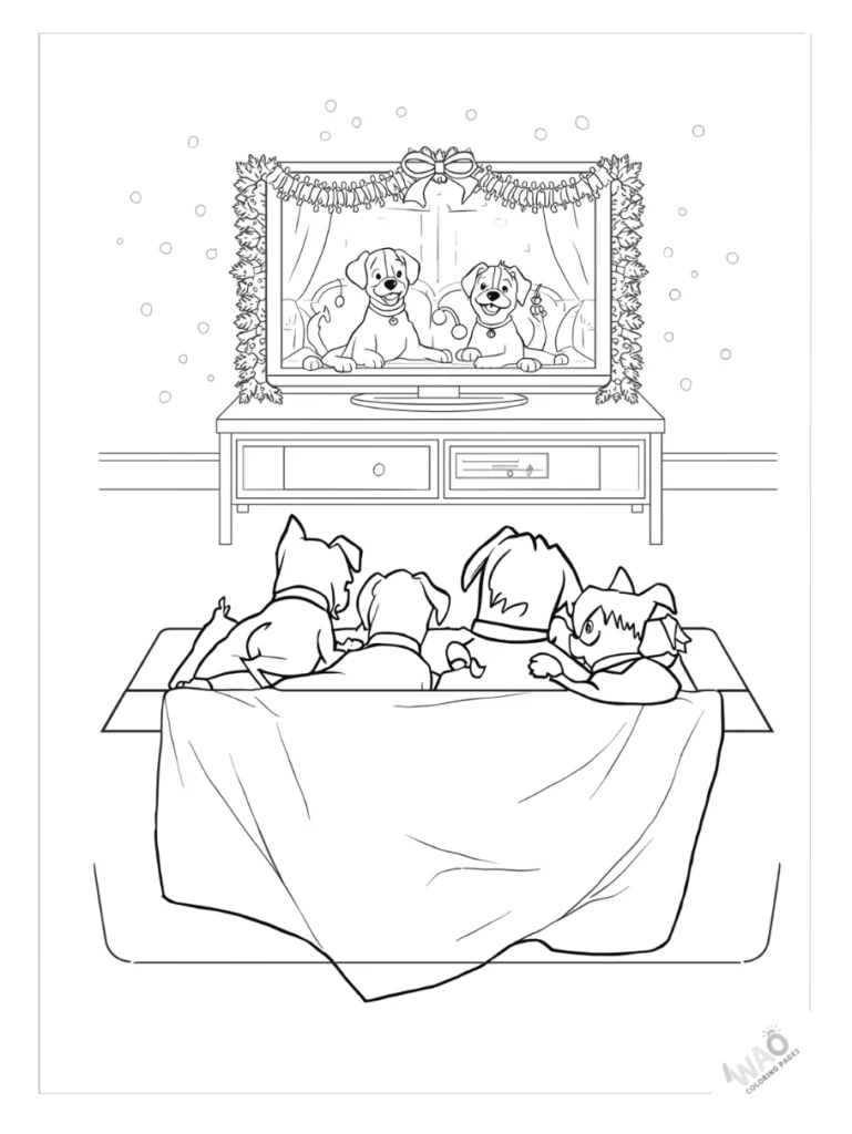 Bluey, Snickers, and Winton standing together singing carols coloring page.