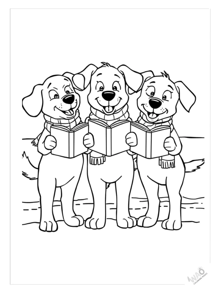 Bluey, Snickers, and Winton standing together singing carols coloring page.