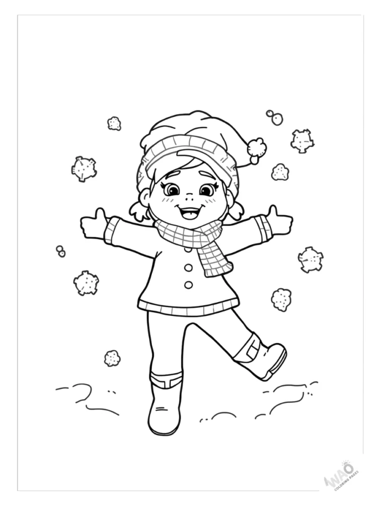 Bluey lying in the snow making a snow angel coloring page.