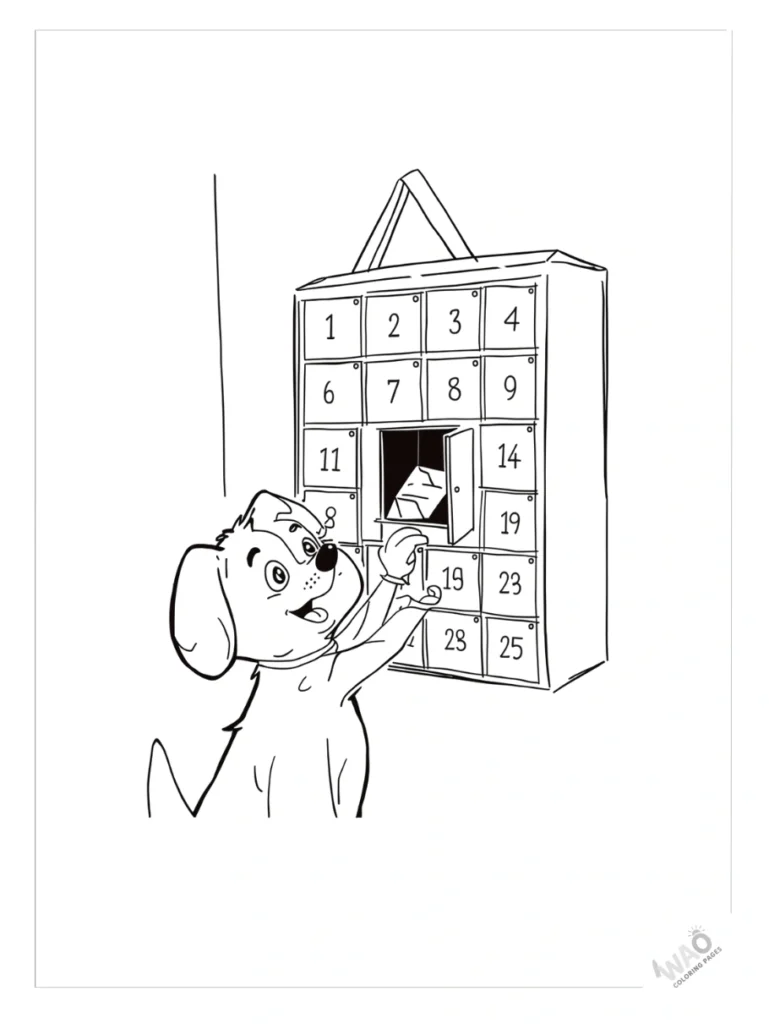 Bluey opening a door on a festive Advent calendar coloring page.