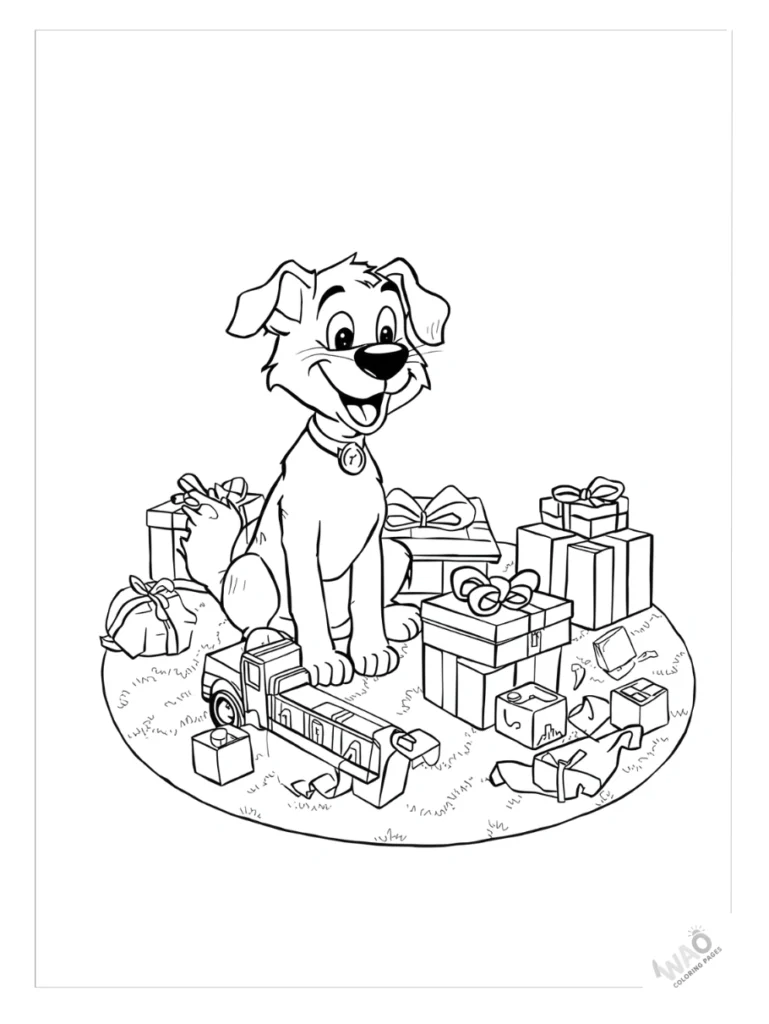 Bluey playing with new toys and boxes on Christmas morning coloring page.