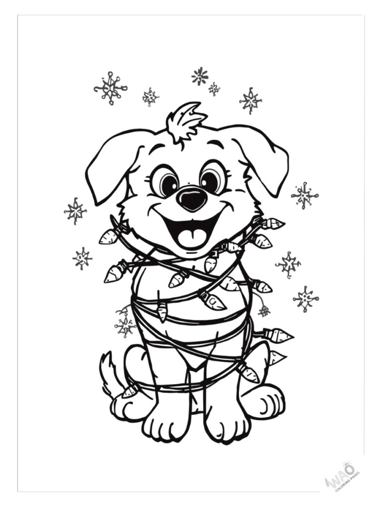 Bluey happily tangled in a string of Christmas lights coloring page.