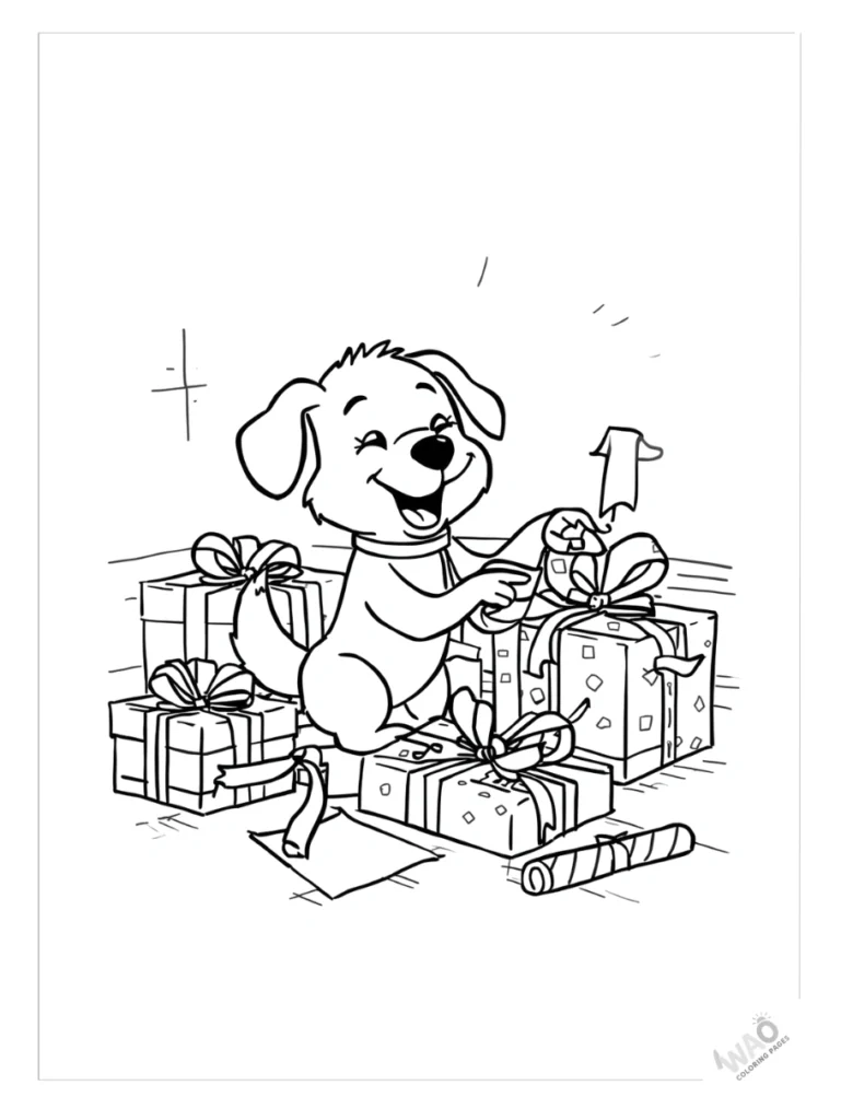 Bluey sitting on the floor wrapping Christmas presents with ribbon coloring page.