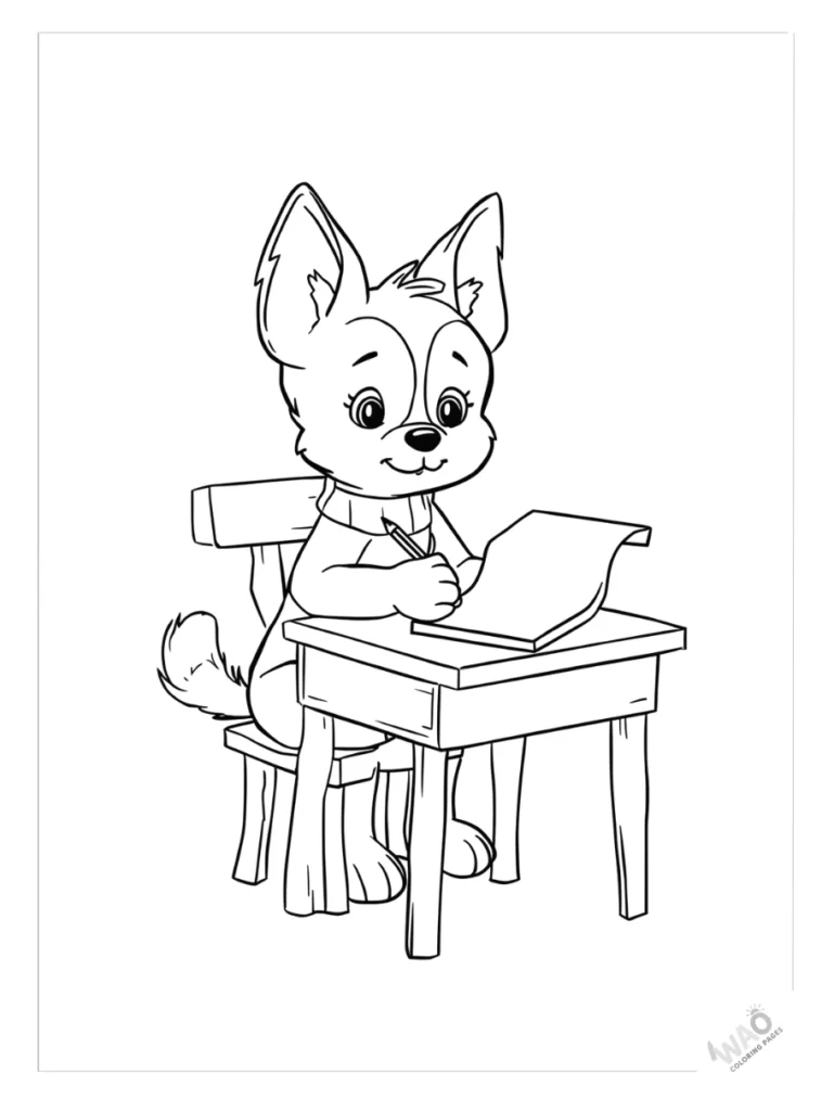 Bluey sitting at a desk writing a letter to Santa coloring page.