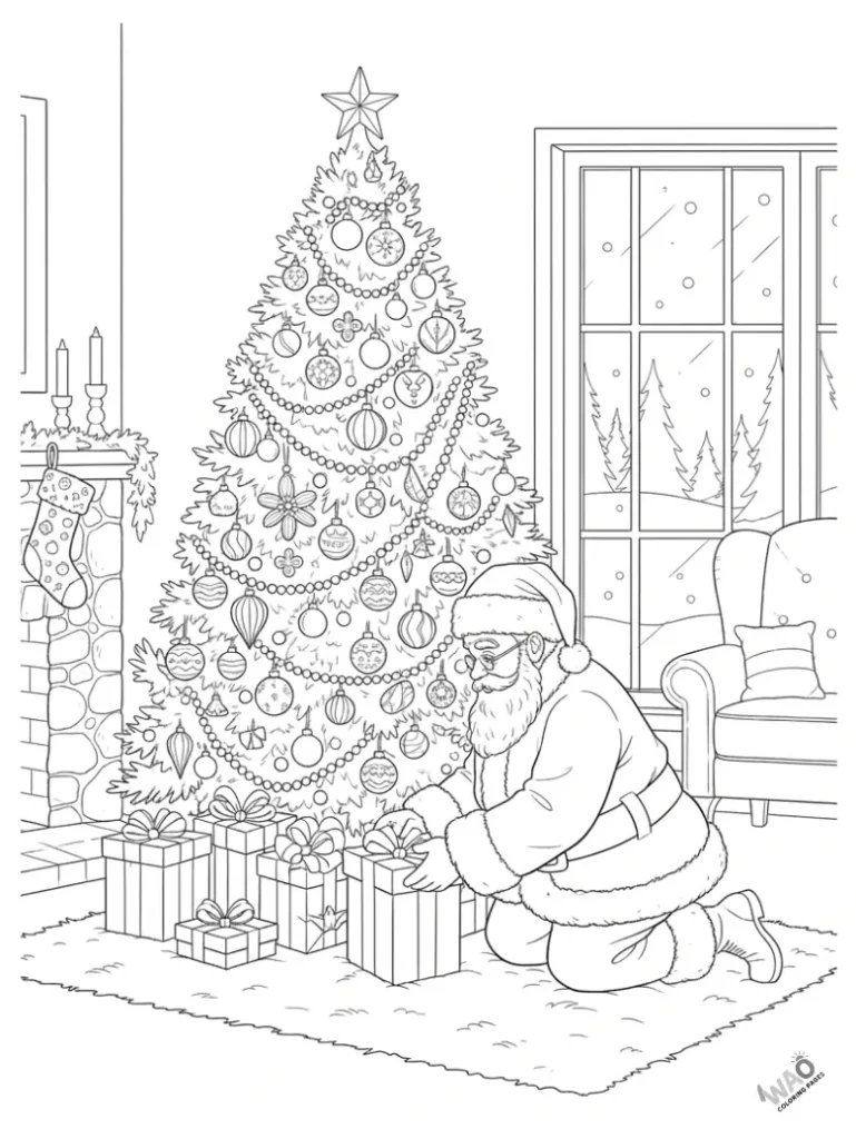 Santa placing gifts under Christmas tree beside fireplace — Christmas coloring page.