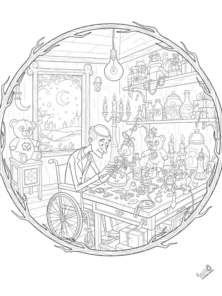 Dr. Finkelstein creating Christmas toys in lab — creative Nightmare Before Christmas coloring page.