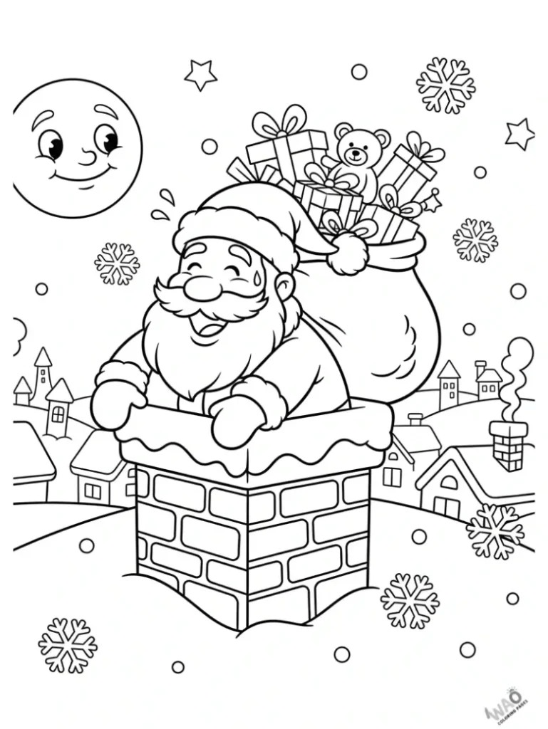 Funny cartoon Santa stuck in a chimney on snowy rooftop. Christmas coloring page