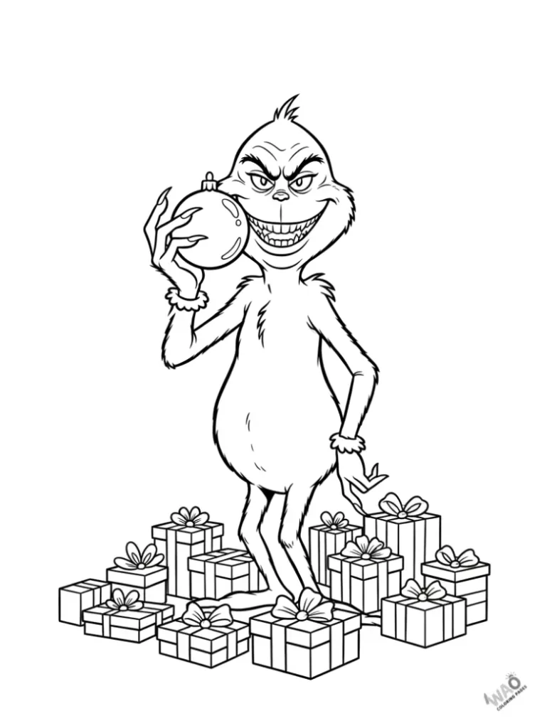 Grinch holding a Christmas ornament – easy and fun Christmas coloring page for kids.