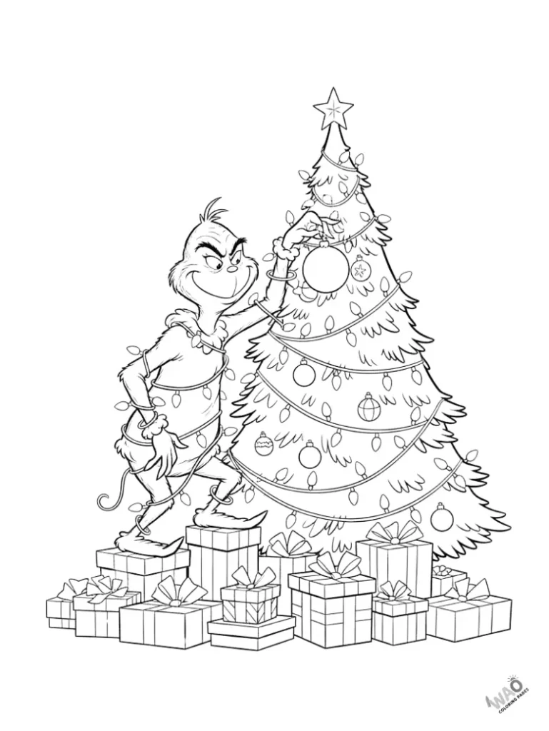 Grinch decorating a Christmas tree with ornaments – joyful holiday coloring page.