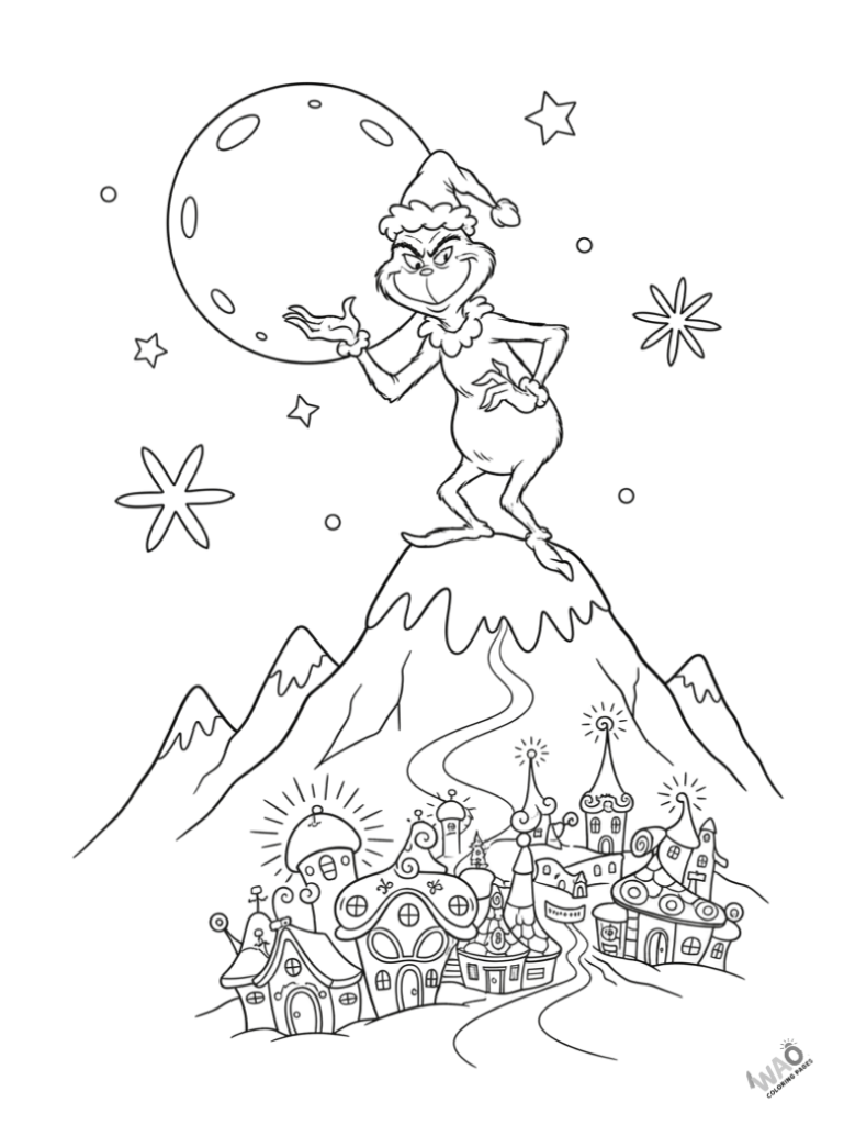 Grinch looking down at Whoville from a snowy hill – festive Christmas coloring page.