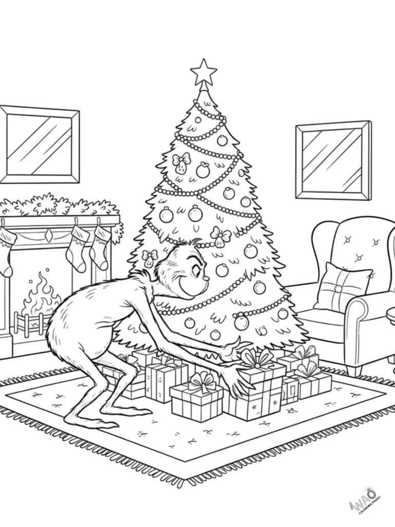 Grinch sneaking into a room to steal Christmas gifts – free printable coloring page for kids.
