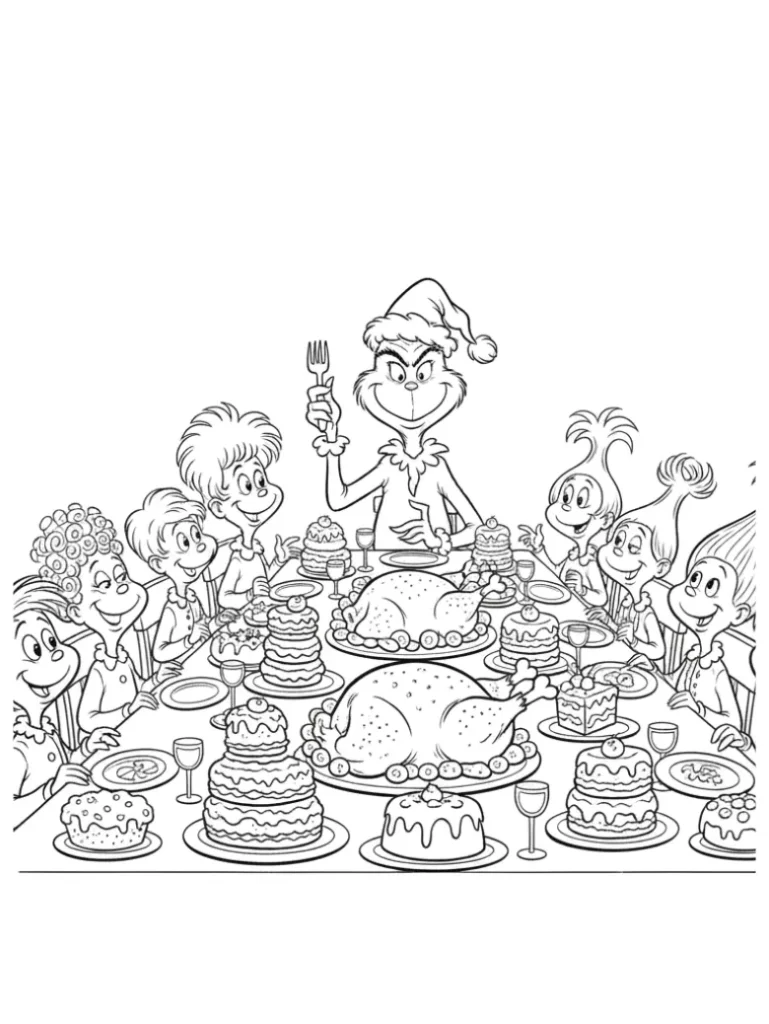 Grinch eating at Whoville Christmas feast – joyful printable holiday coloring sheet.