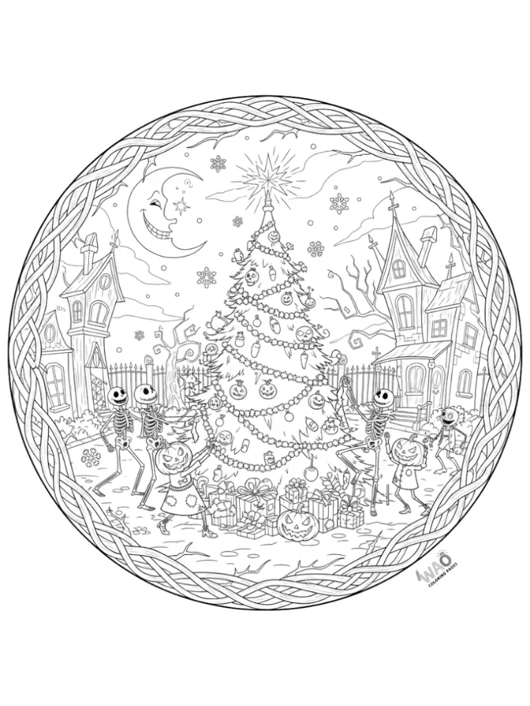 Halloween Town Square decorated for Christmas — festive printable coloring page for kids.