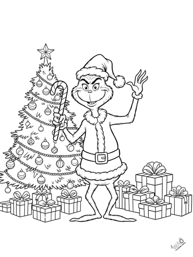 Happy Grinch holding a candy cane with a big smile – Christmas coloring page for children.