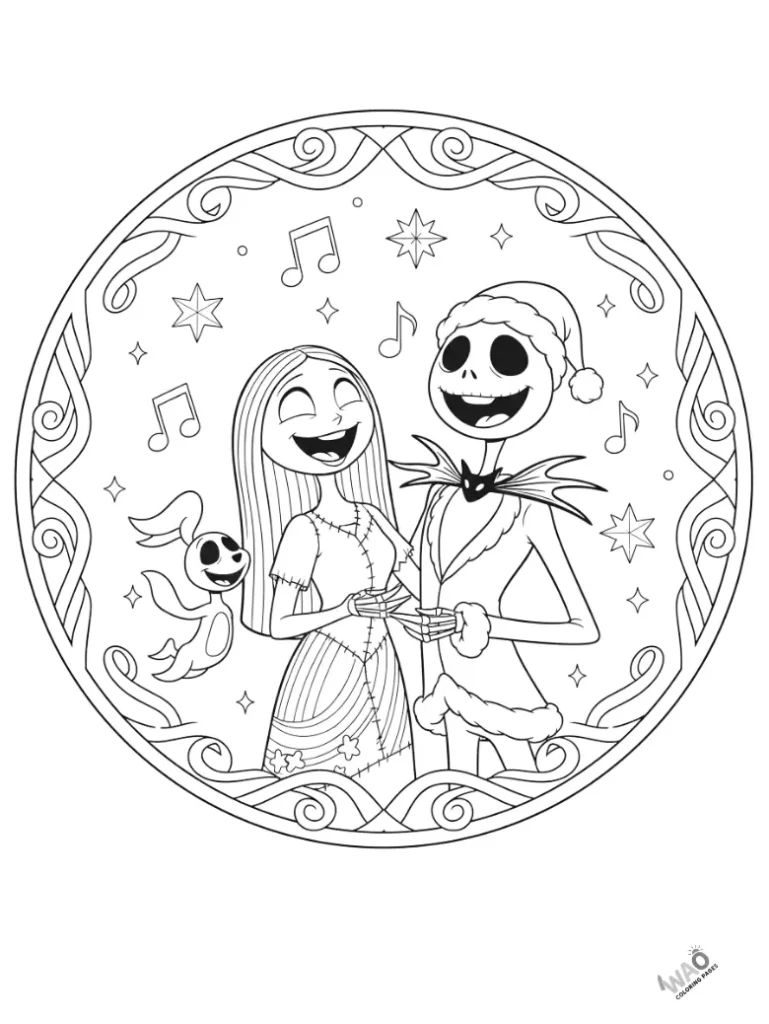 Jack, Sally, and Zero singing Christmas carols — joyful printable Christmas coloring page.