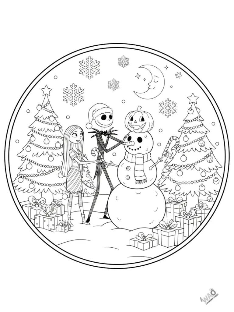 Jack Skellington and Sally building a snowman together — festive printable coloring page.