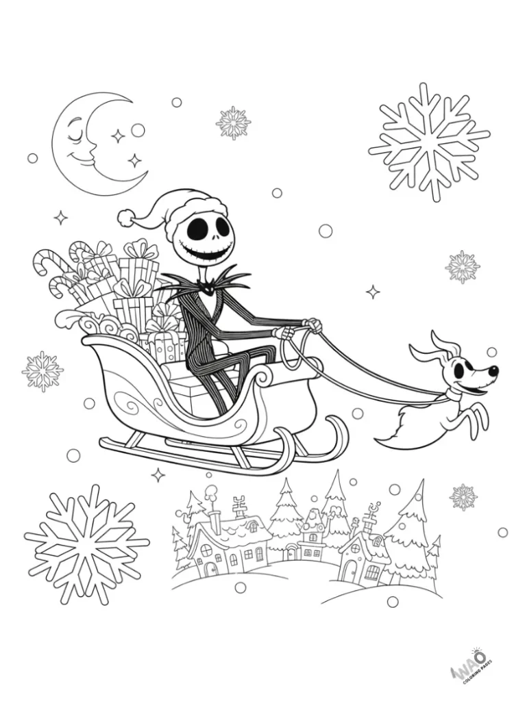 Jack Skellington and Zero delivering gifts on a sleigh — fun Christmas coloring page.