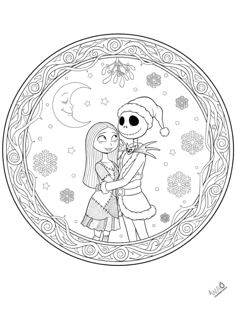 Jack and Sally hugging under mistletoe — heartwarming Christmas coloring page for kids.