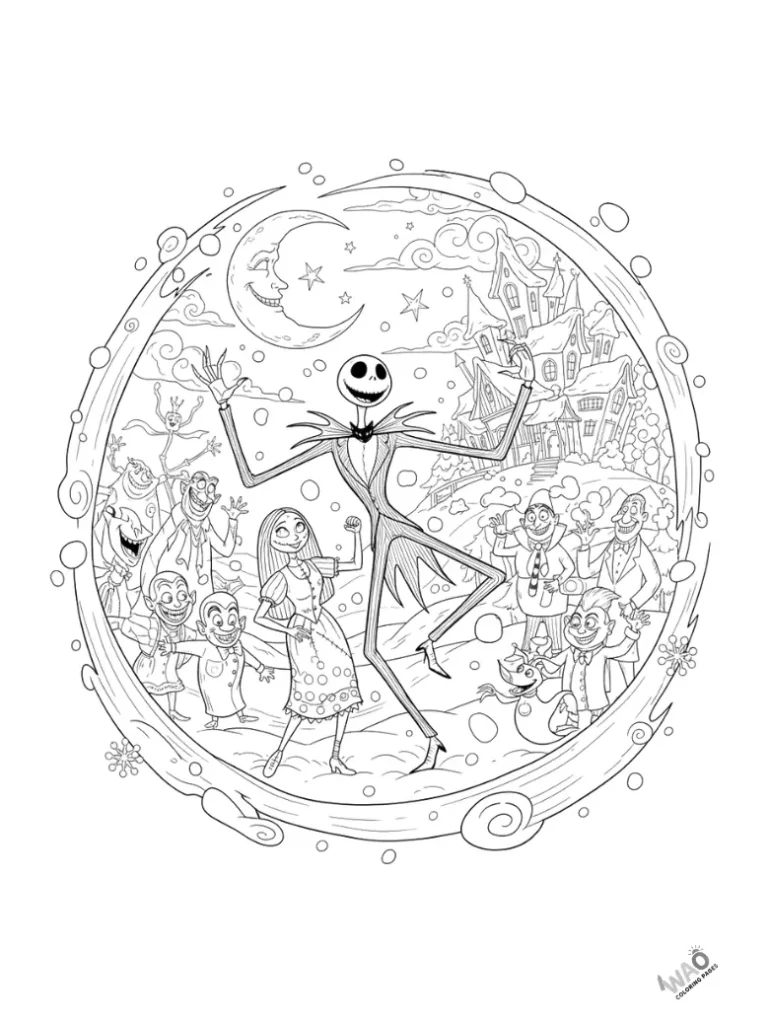 Jack Skellington dancing in the snow — whimsical printable Christmas coloring page.