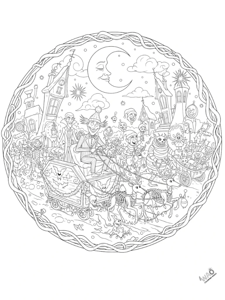 Halloween Town Mayor leading Christmas parade — fun printable holiday coloring page.