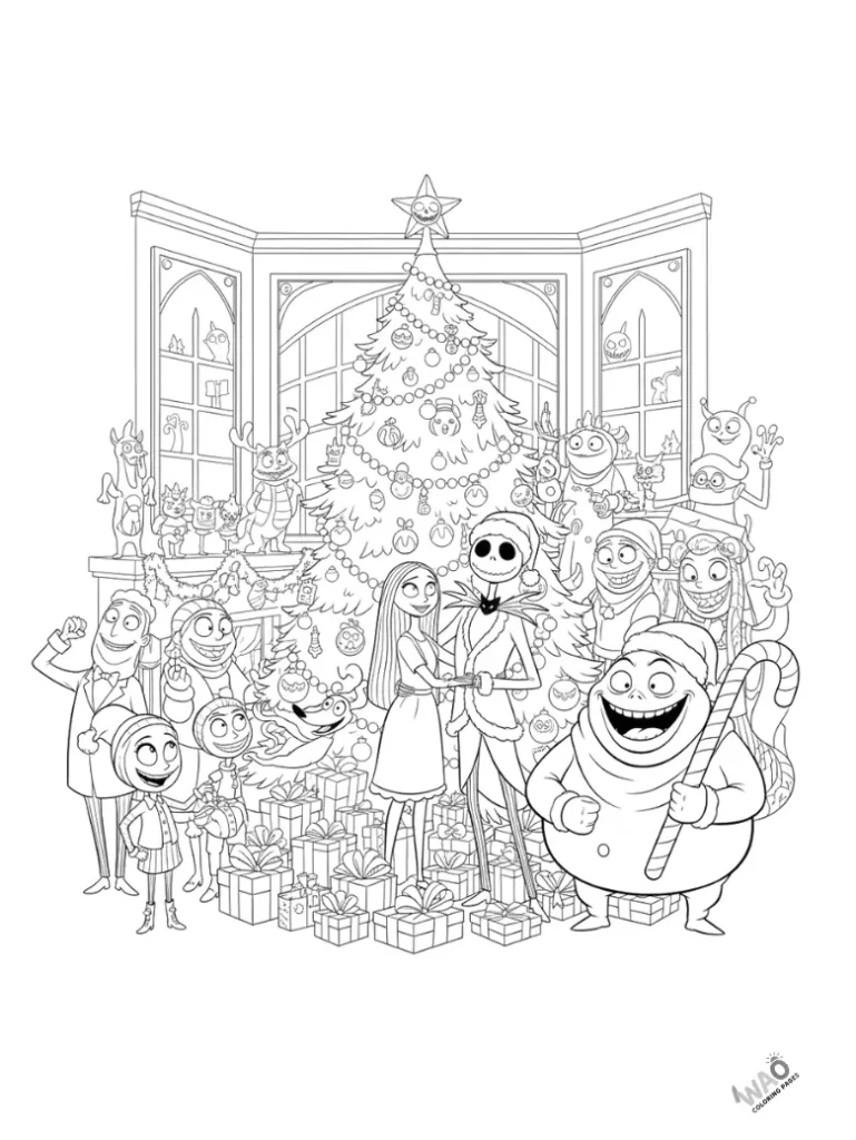 Nightmare Before Christmas characters celebrating around tree — kids’ holiday coloring page.