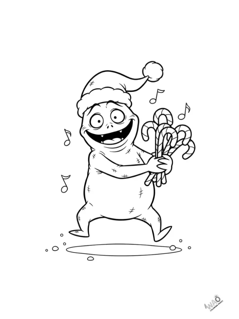 Oogie Boogie dancing with candy canes and Santa hat — playful Christmas coloring page.
