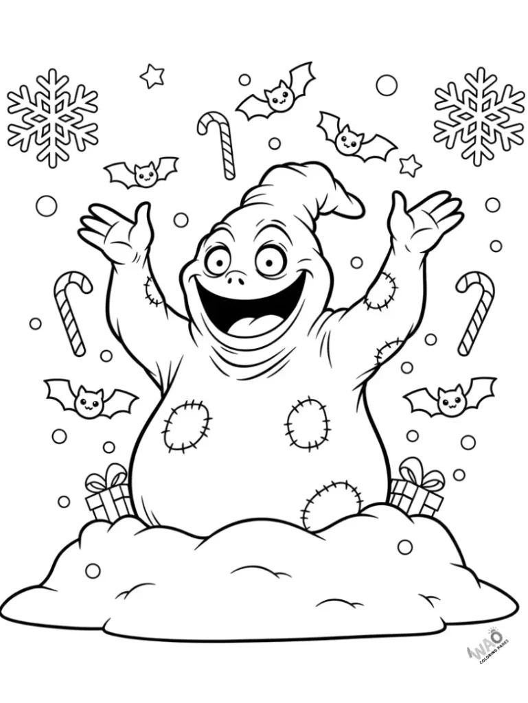 Oogie Boogie popping out of snow with candy canes — free printable Christmas coloring page.