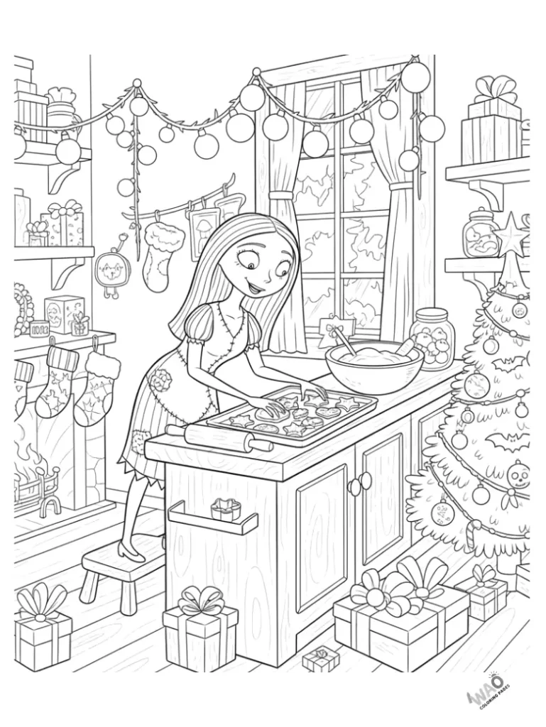 Sally baking Christmas cookies in decorated kitchen — cute Christmas coloring page for kids.