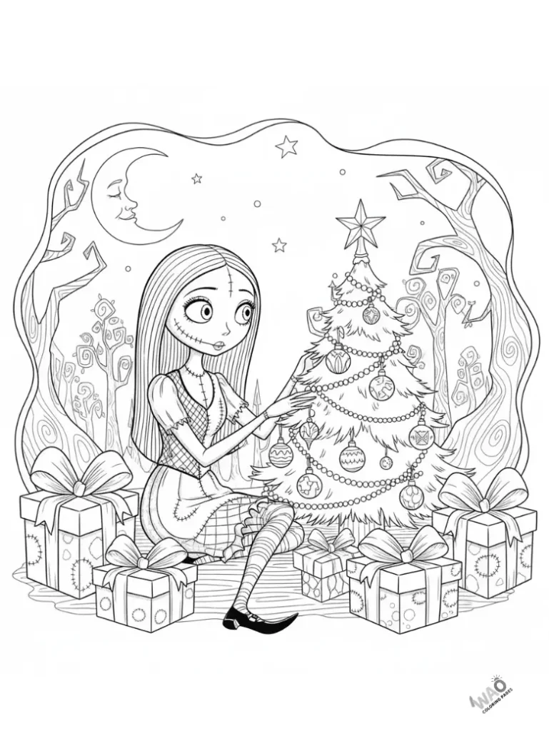 Sally sitting beside a Christmas tree at night — cozy Christmas coloring page for kids.