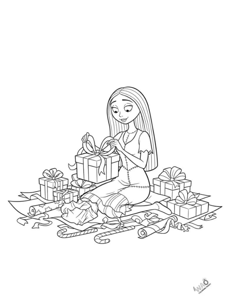 Sally wrapping Christmas presents with ribbons and candy canes — kids’ Christmas coloring page.