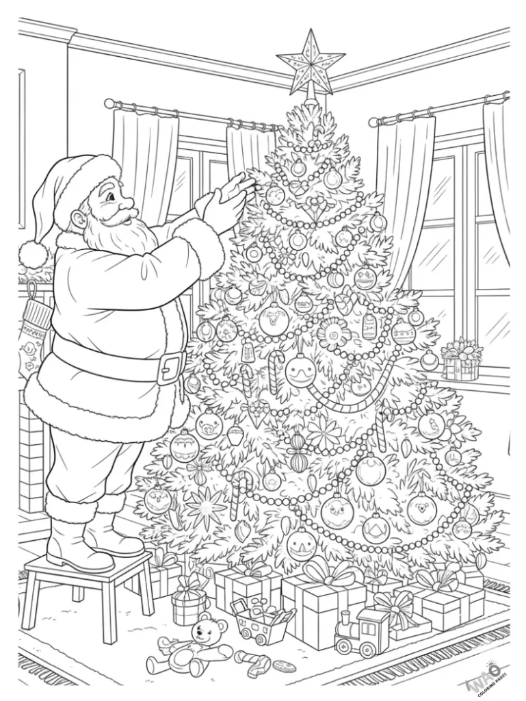 Santa decorating Christmas tree with ornaments and stars — Christmas coloring page.