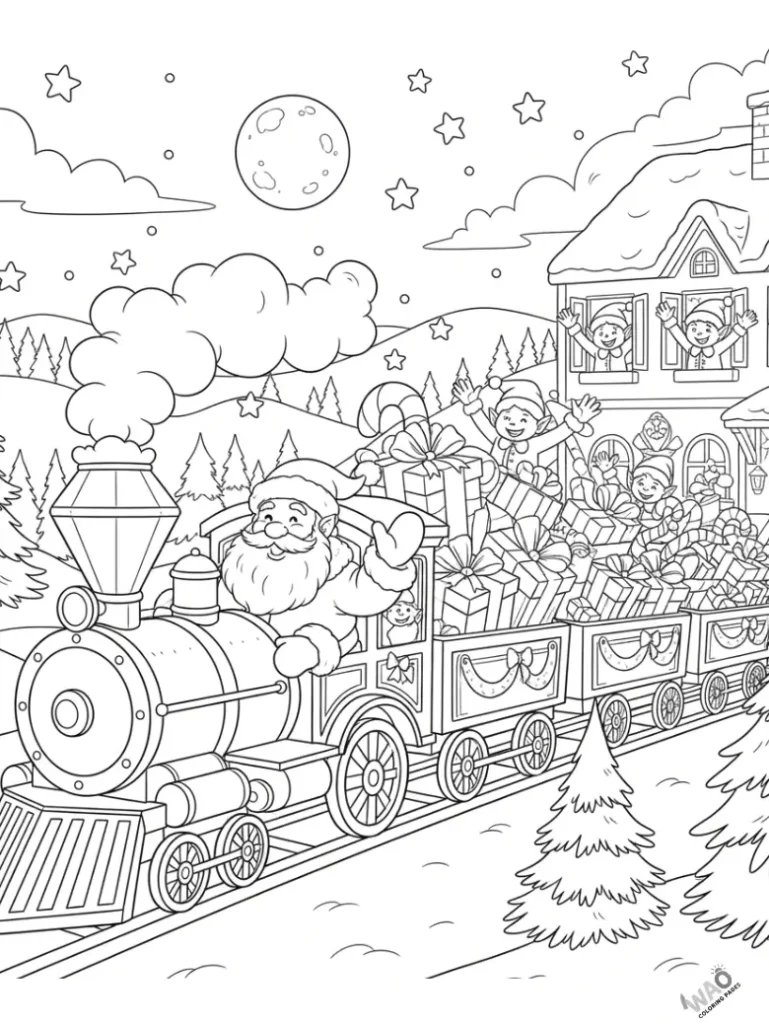 Santa driving a Christmas train filled with gifts and candy canes. Christmas coloring page
