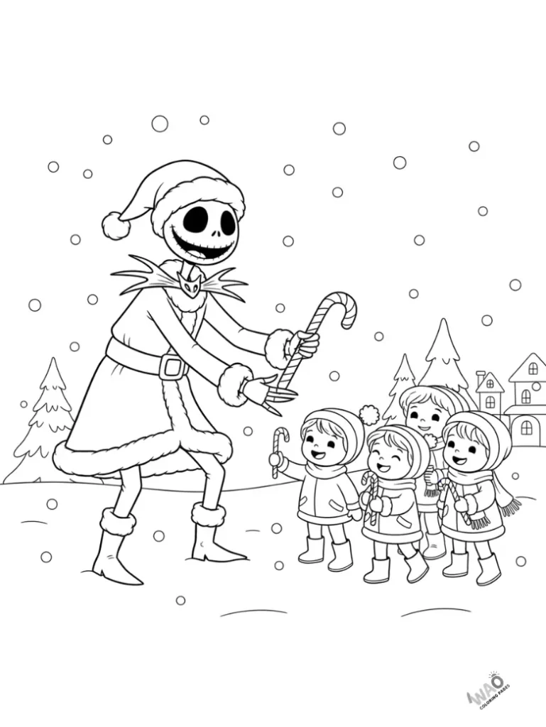 Jack Skellington dressed as Santa giving candy canes to kids — printable holiday coloring page.