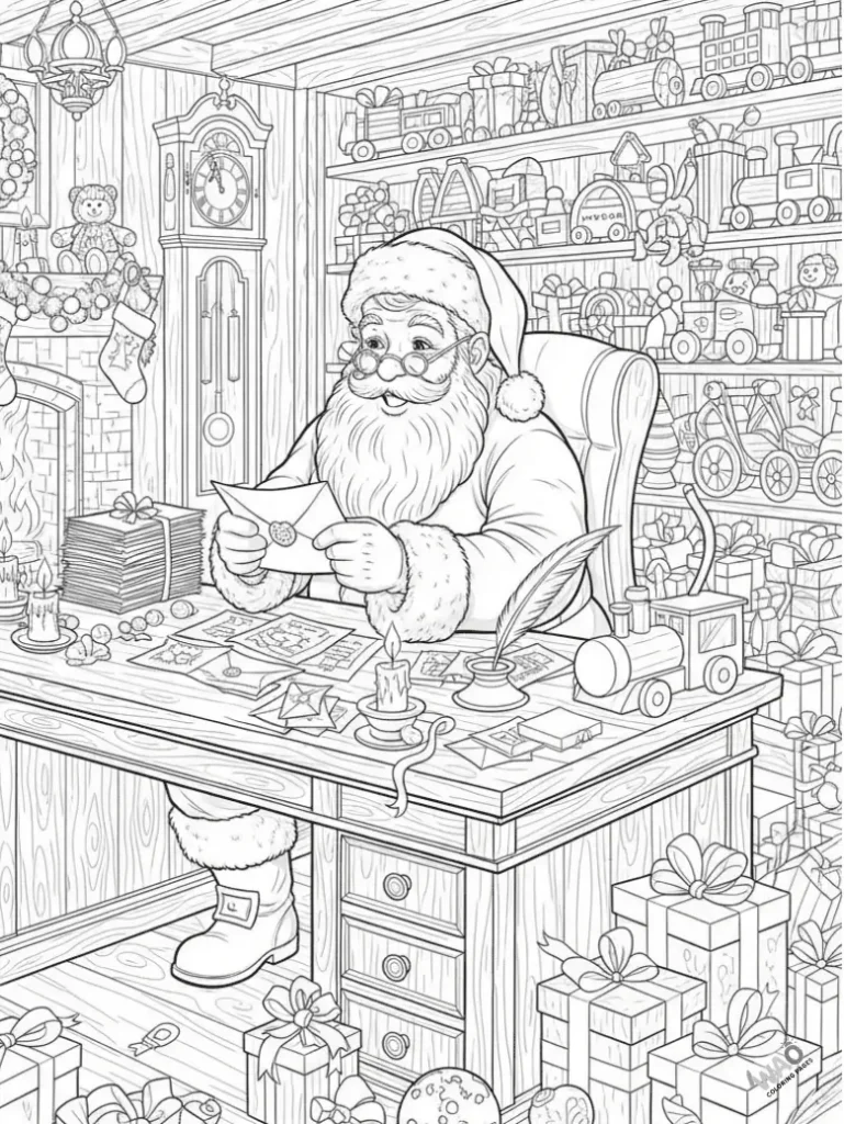 Santa reading children’s wish letters at his wooden desk-Christmas coloring page