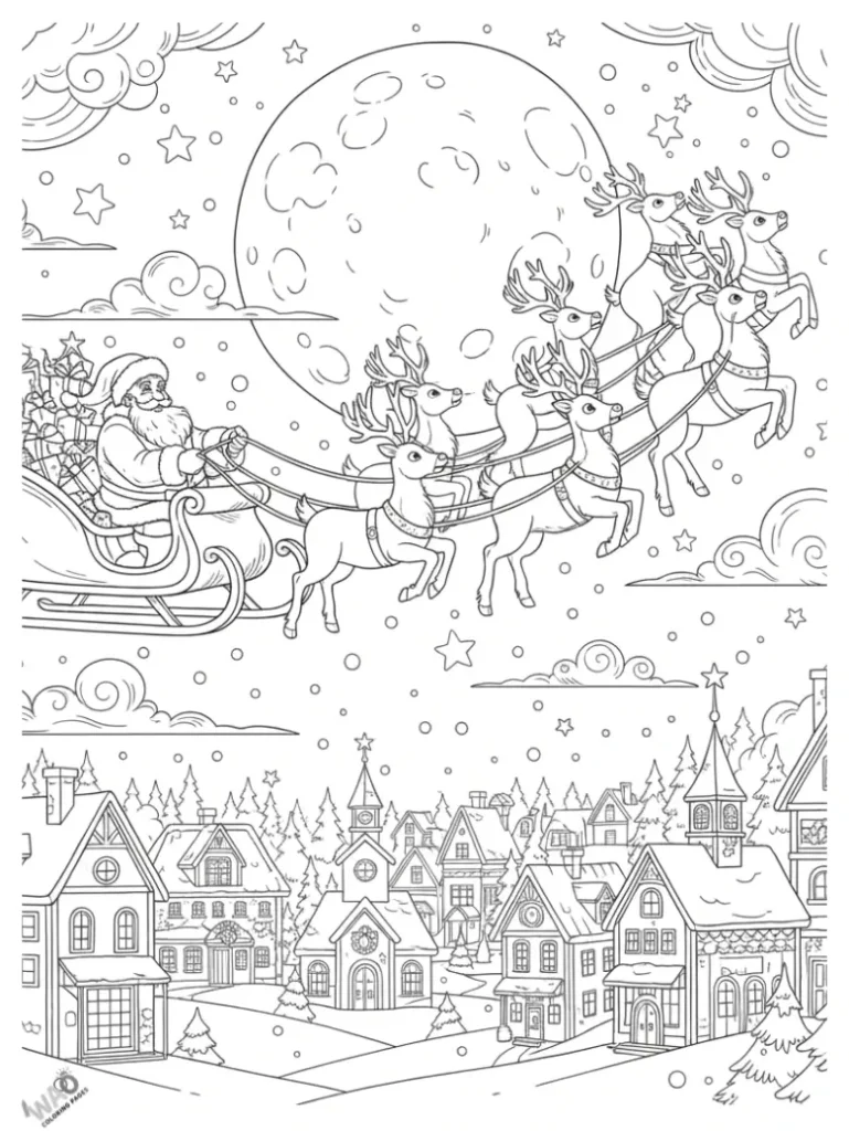Santa flying sleigh with reindeer over a snowy village-Christmas coloring page