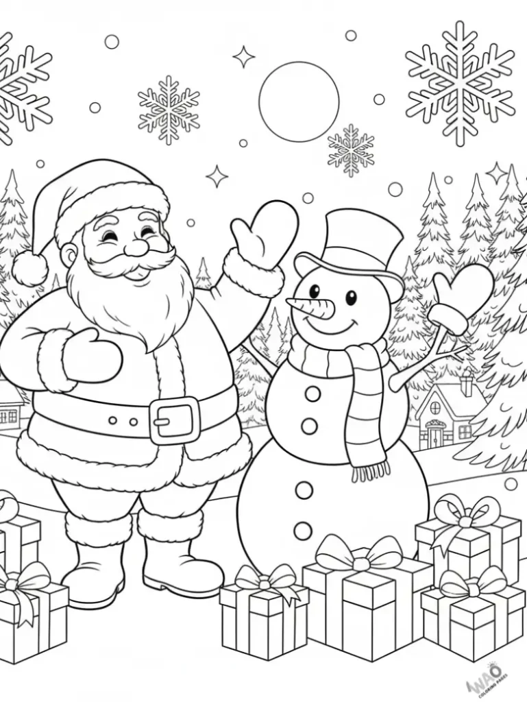 Santa and snowman waving in snowy field.