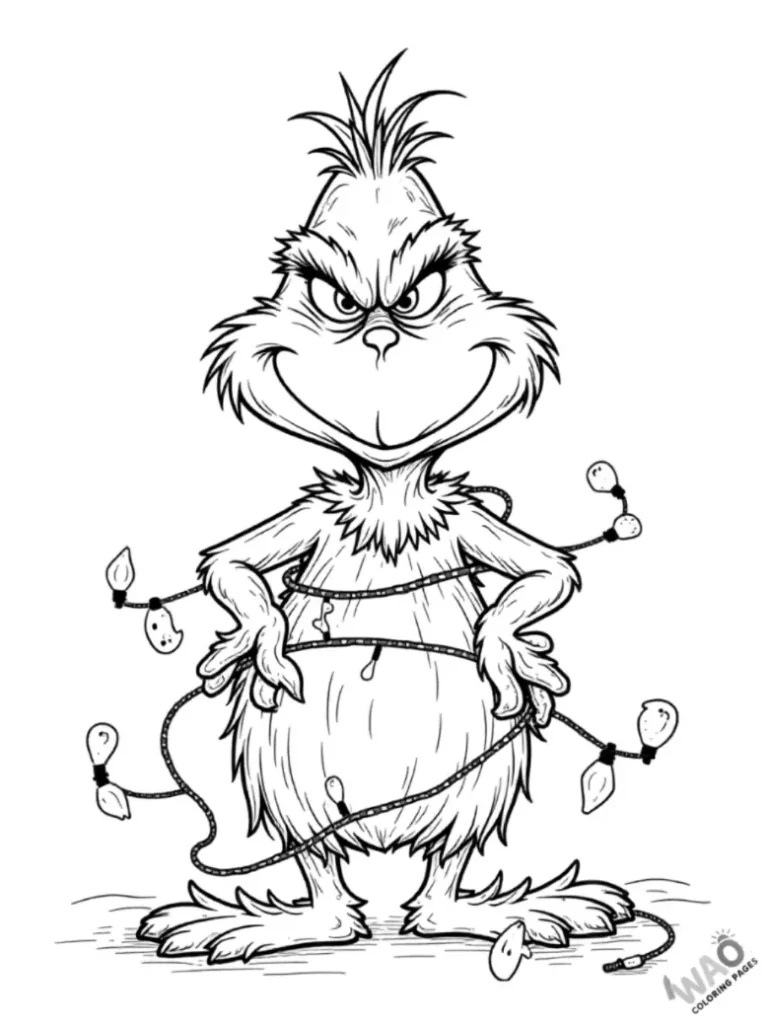 Funny Grinch tangled in holiday lights – free printable Christmas coloring page for kids