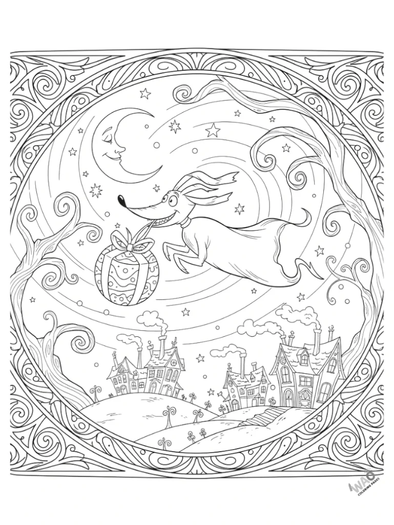 Zero delivering a glowing Christmas present — magical printable Christmas coloring page.
