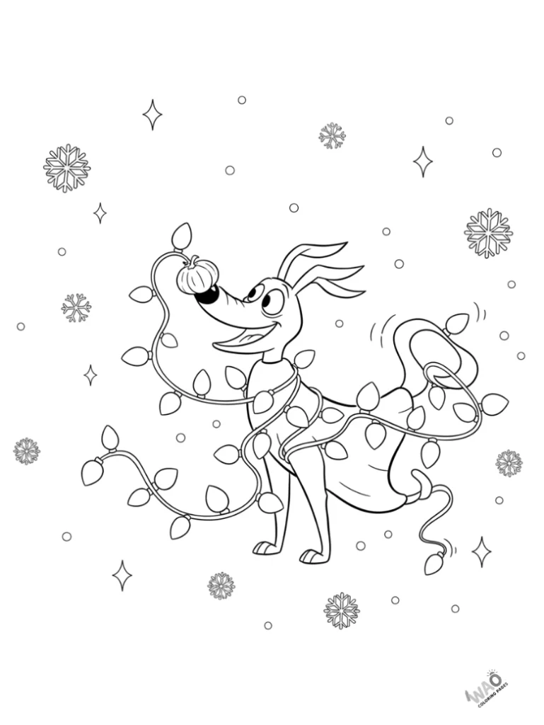 Zero the ghost dog tangled in Christmas lights — fun holiday coloring page for children.