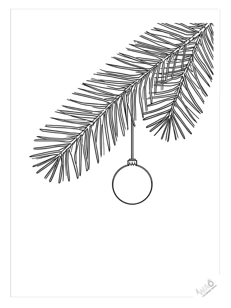 Christmas ornaments coloring pages hanging on tree.