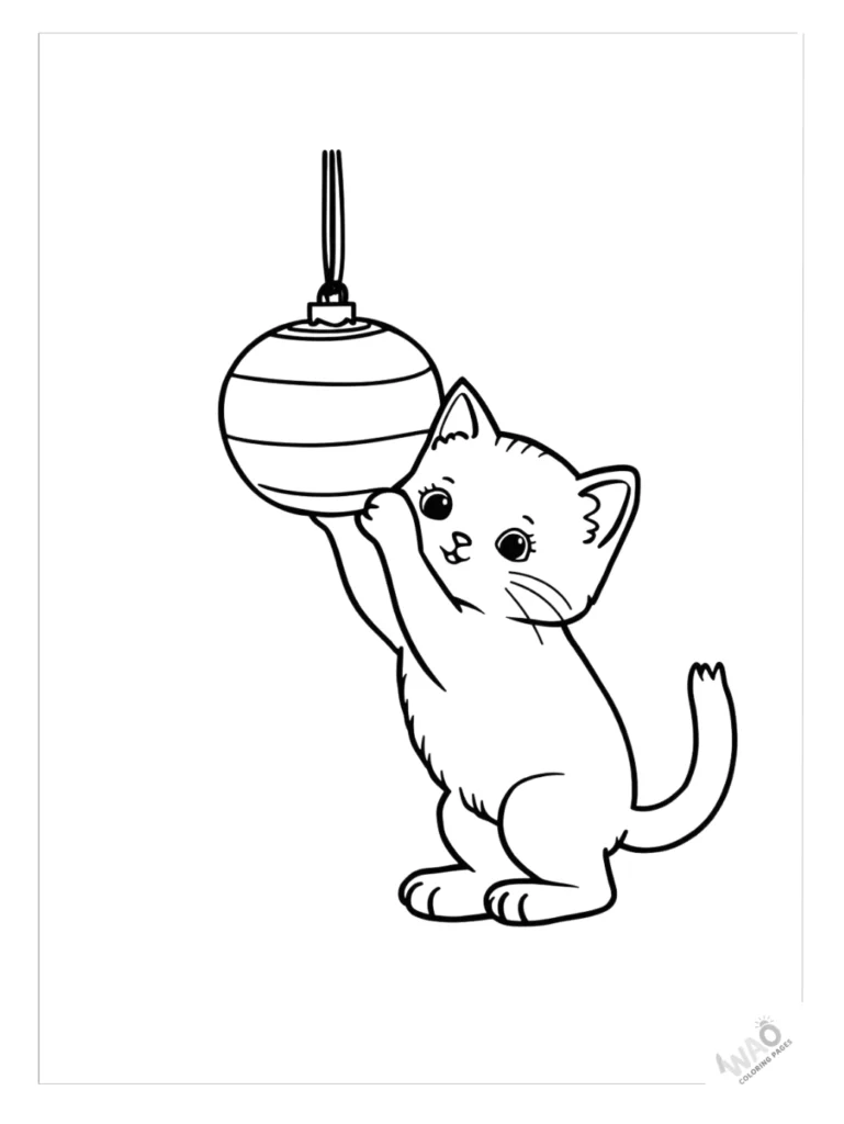 Christmas ornaments coloring pages with kitten.
