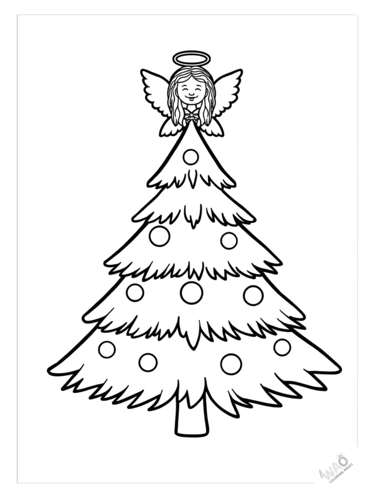 Christmas tree coloring pages with an angel topper.